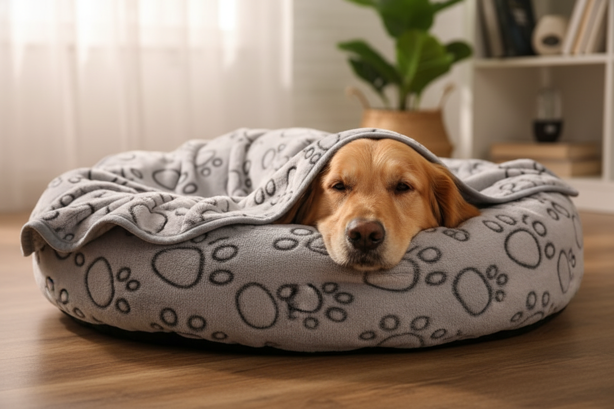 Dog in bed covered with Paw Print Blanket