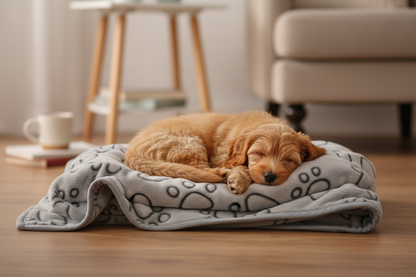 Dog on Paw Print Blanket