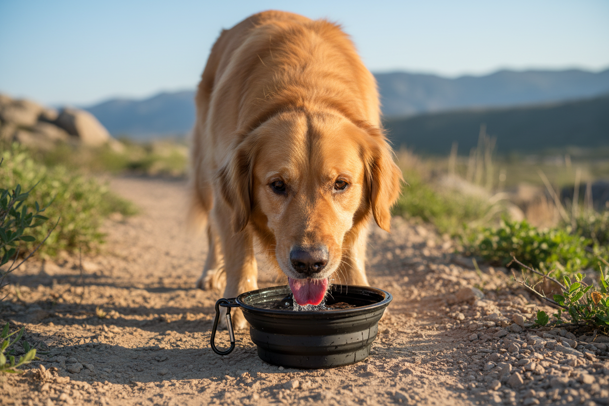 Dog with foldable bowl